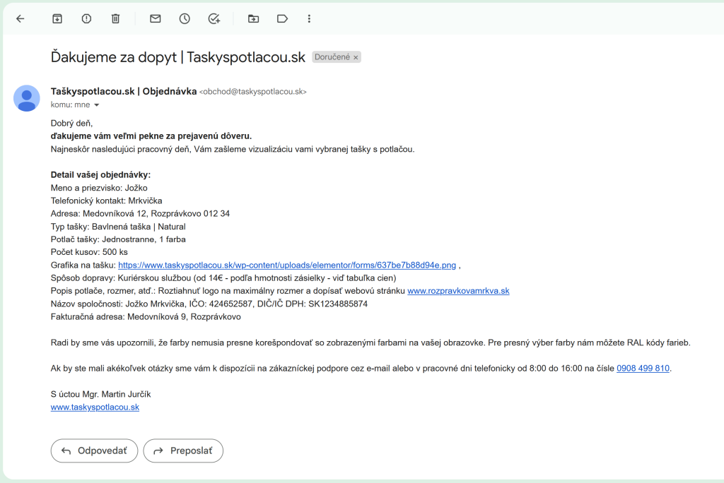 email objednávka tašky s potlačou